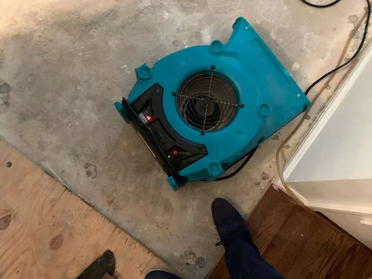 Air mover drying subfloor during Commercial Water Damage Restoration in East Liverpool